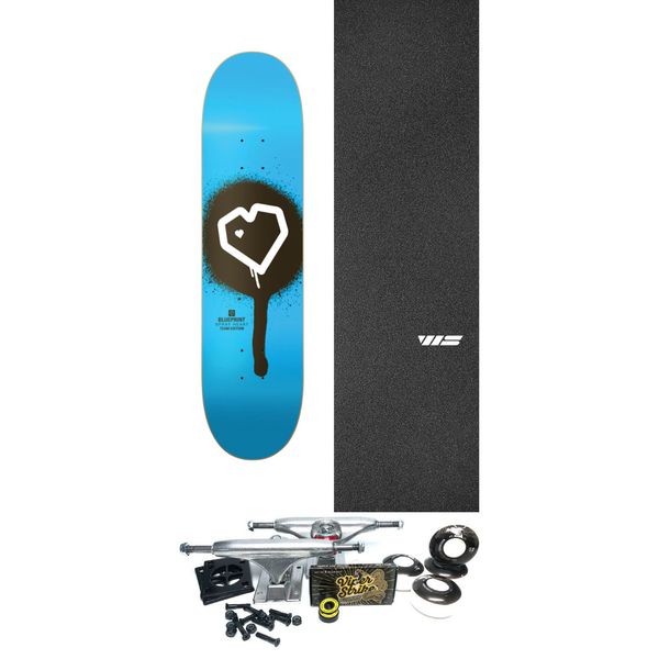 Blueprint Skateboards Spray Heart Blue Skateboard Deck - 8" x 32" - Complete Skateboard Bundle
